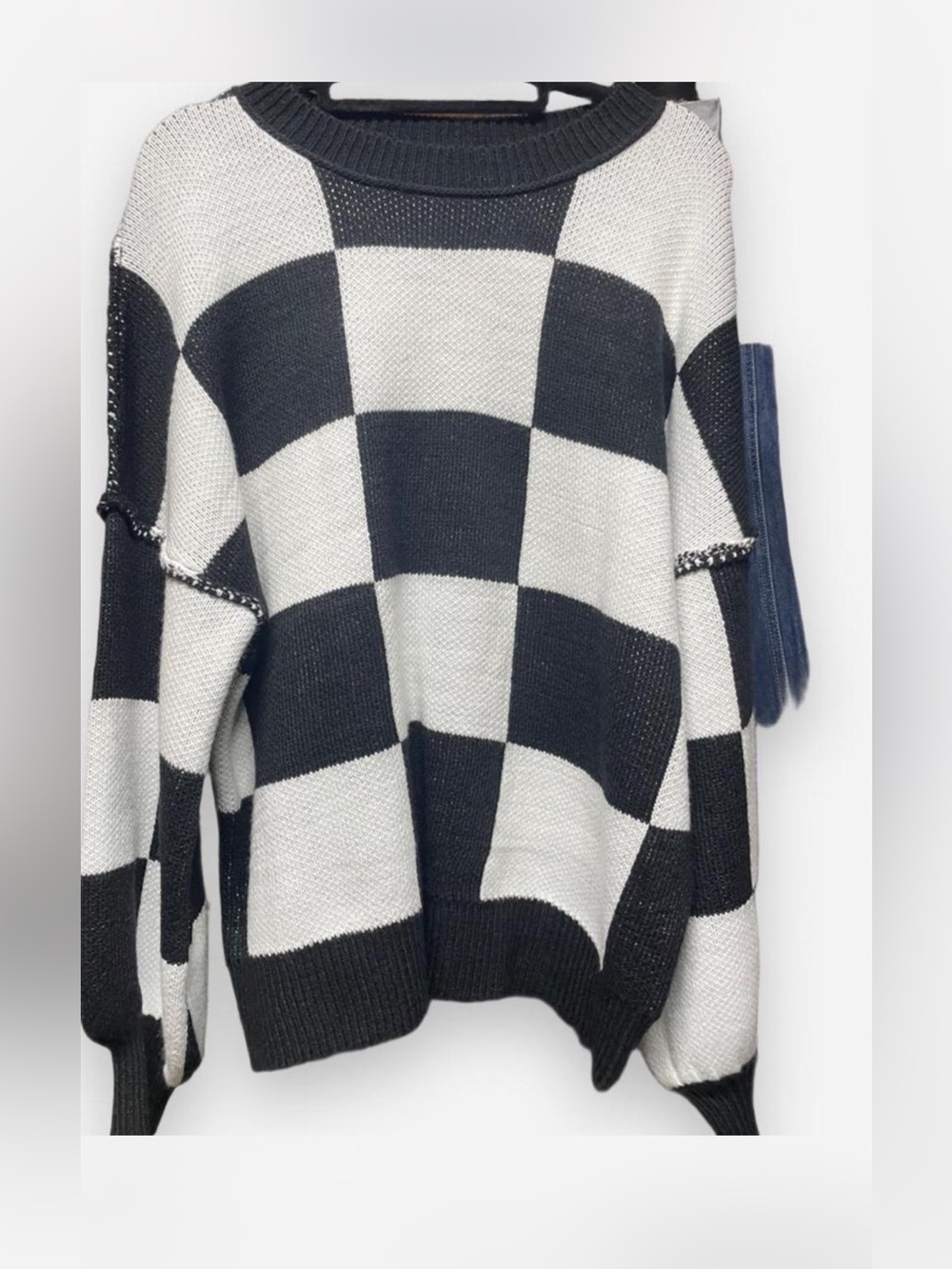 Acrylic Black & White Checkerboard Oversized Knit Sweater - Women